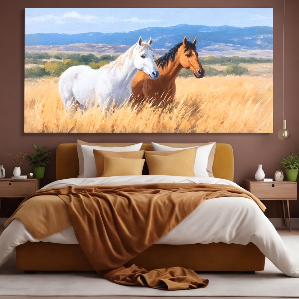 Tablou canvas cu tablou canvas cu doi cai in lan, fara rama, pe sasiu de lemn, pe perete intr-un dormitor